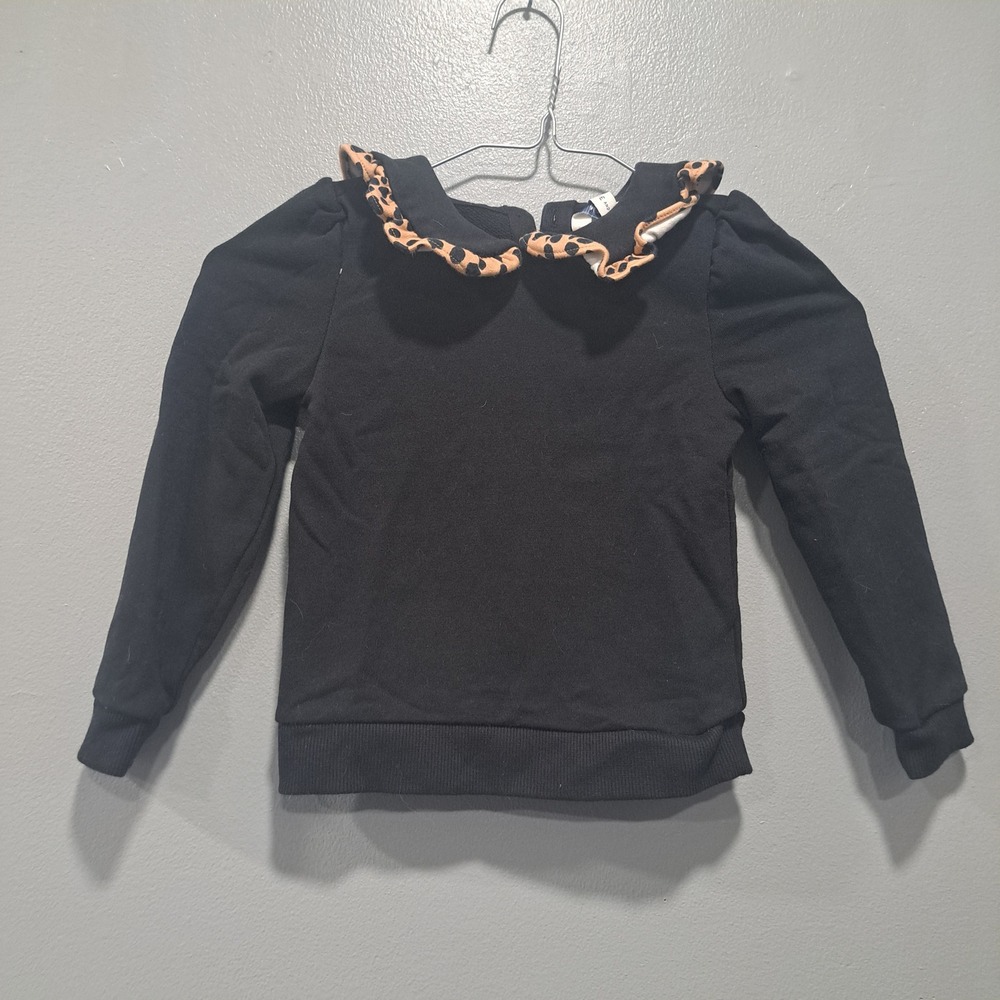 Janie and Jack Girls Black Sweatshirt Leopard Ruffle Peter‎ Pan Collar Size 5
